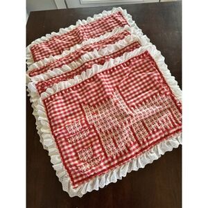 VTG Cat Placemats Napkins Set Of 4 Red Plaid Gingham Law Ruffle Embroidered FLAW